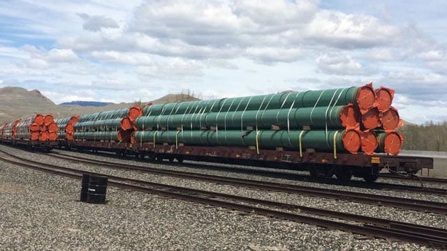 Rail cars carrying pipelines sit idle in Kamloops, B.C. Lucy Scholey/APTN