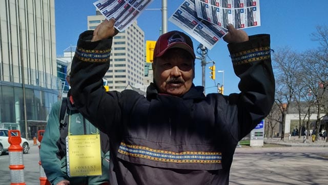 Angus Andersen, of Nunatsiavut, Labrador, travelled to Parliament Hill on Monday to rally against the Muskrat Falls hydroelectric dam. Lucy Scholey/APTN